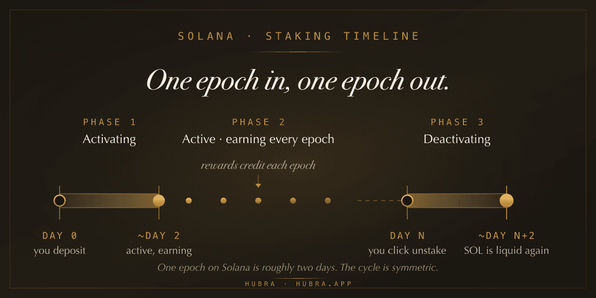 A Solana staking timeline: one epoch to activate after deposit, ongoing rewards every epoch, one epoch to deactivate after unstake.